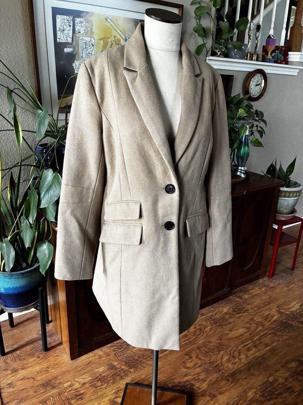 Express Wool Blend Tan Overcoat Trench Coat Preppy Classic City Vintage Sz Large